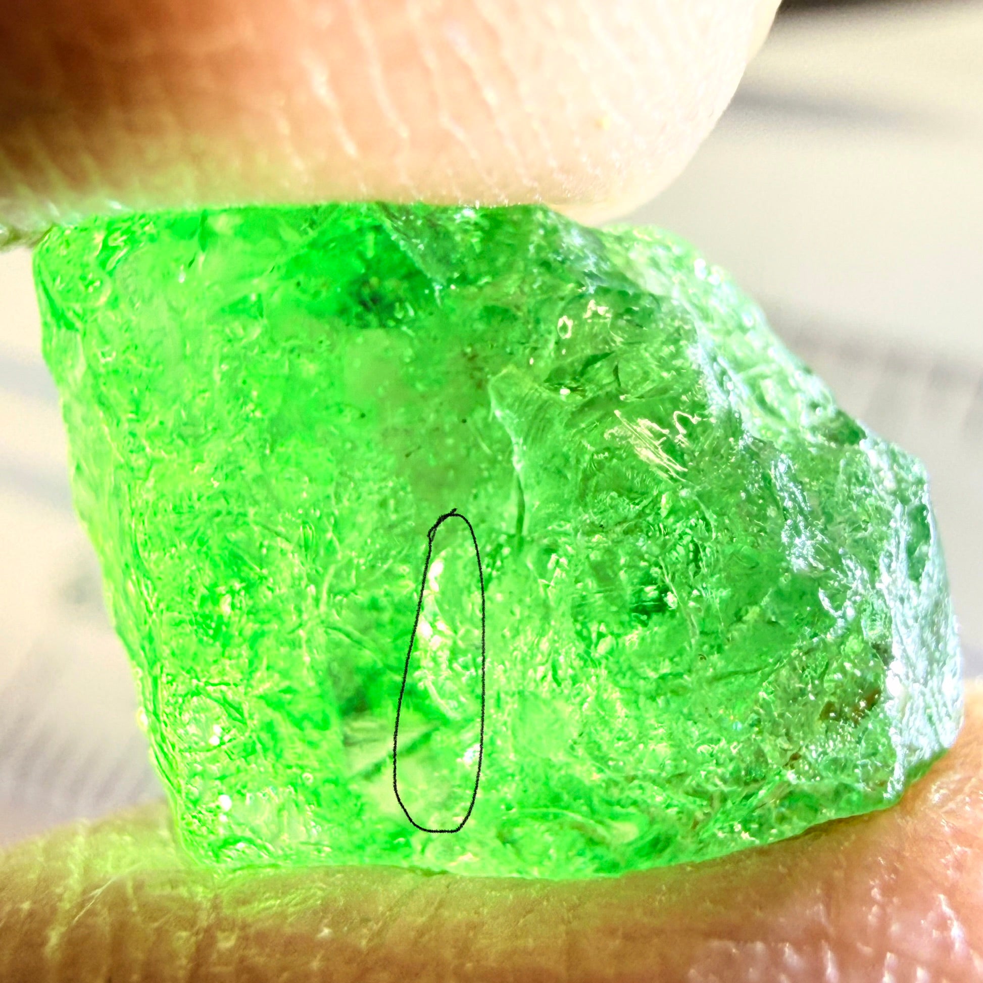 Tsavorite, 8.70ct, Tanzania, Untreated Unheated, slightly veiled, with a dividing crack, I have marked the position of the dividing crack in one of the pics