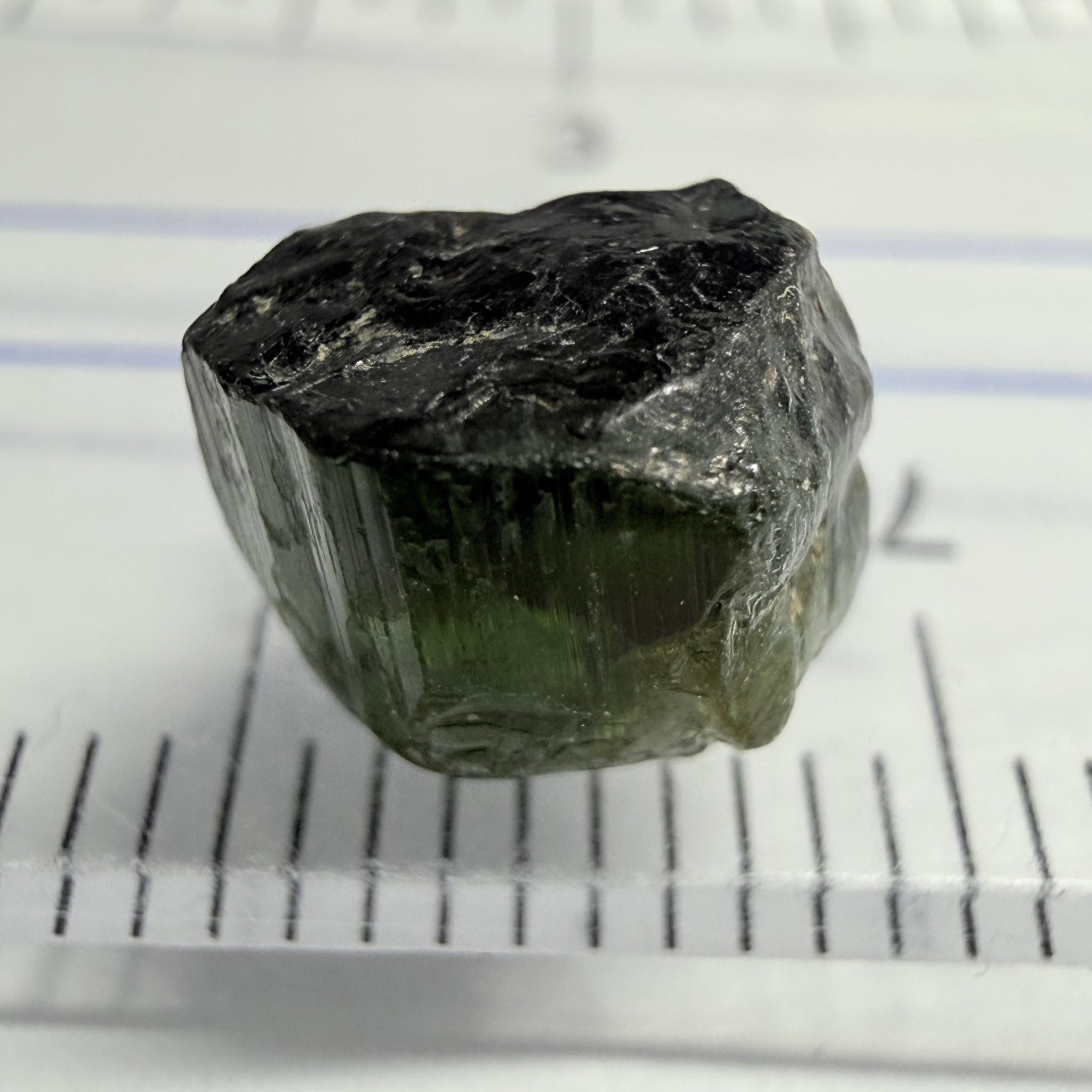 Tourmaline Crystal, 3.78ct, Mwajanga, Tanzania, Untreated Unheated, inclusion crack on one side, black cap tourmaline, c axis totally closed