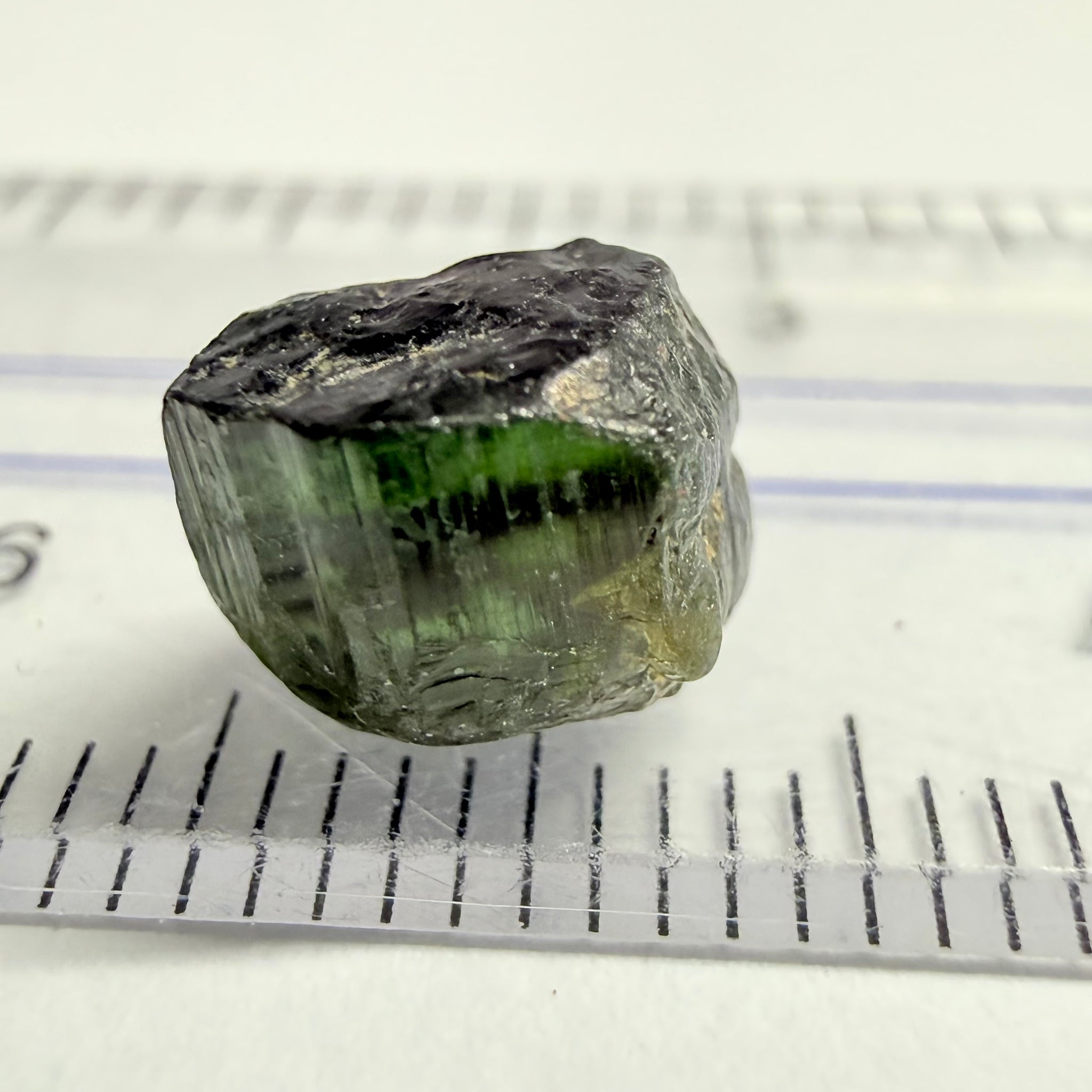 Tourmaline Crystal, 3.78ct, Mwajanga, Tanzania, Untreated Unheated, inclusion crack on one side, black cap tourmaline, c axis totally closed