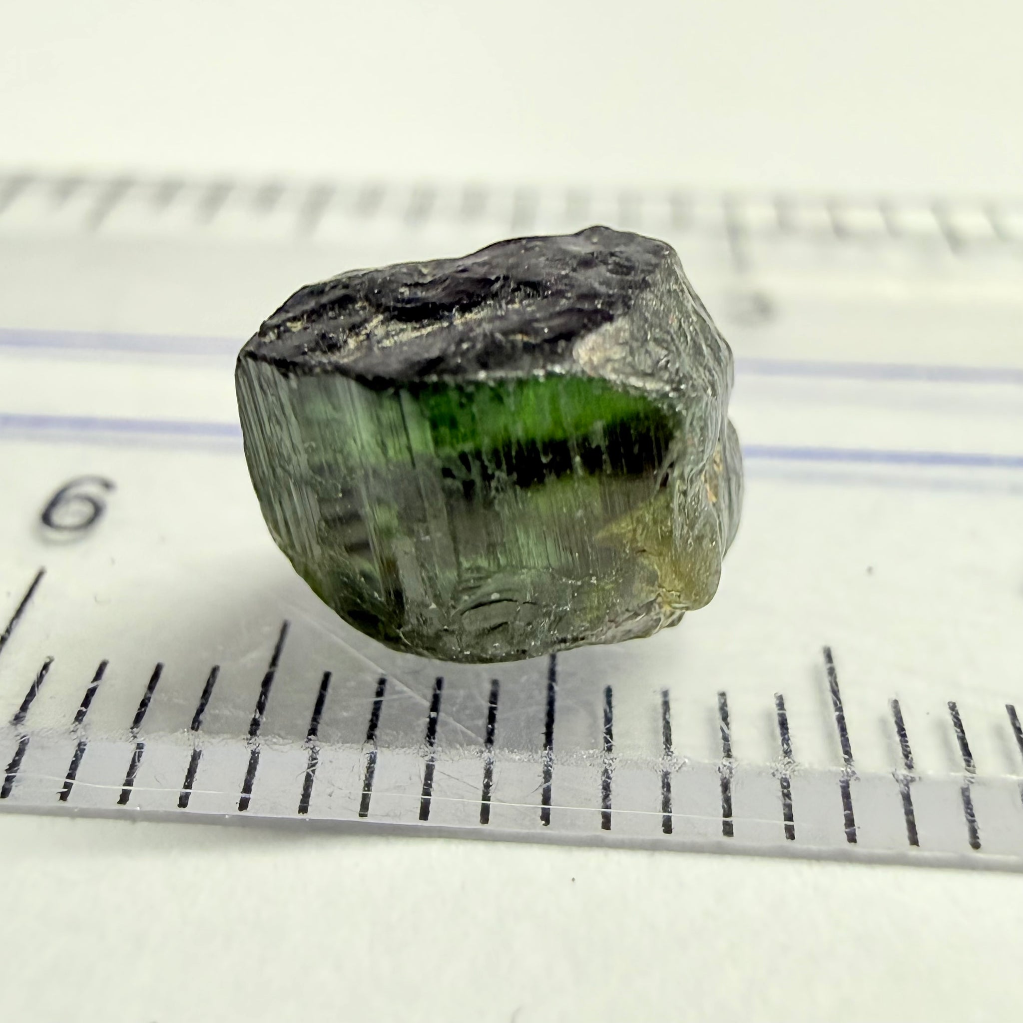 Tourmaline Crystal, 3.78ct, Mwajanga, Tanzania, Untreated Unheated, inclusion crack on one side, black cap tourmaline, c axis totally closed