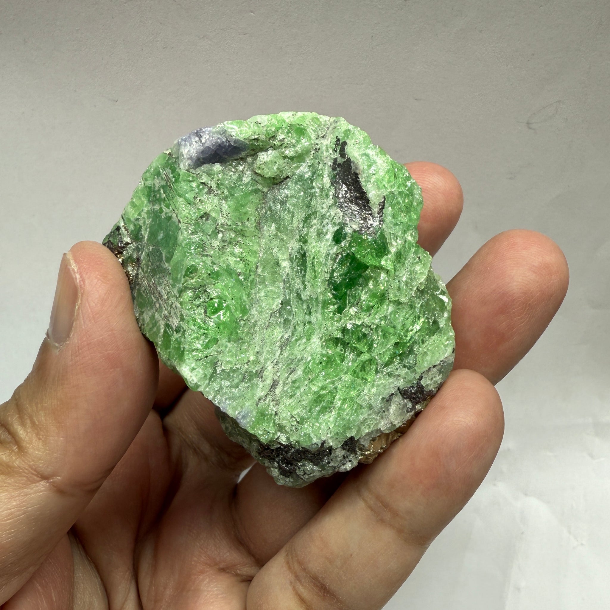 Tsavorite Garnet with Tanzanite and Pyrite, 169.50gm, Merelani Tanzania, Untreated Unheated.