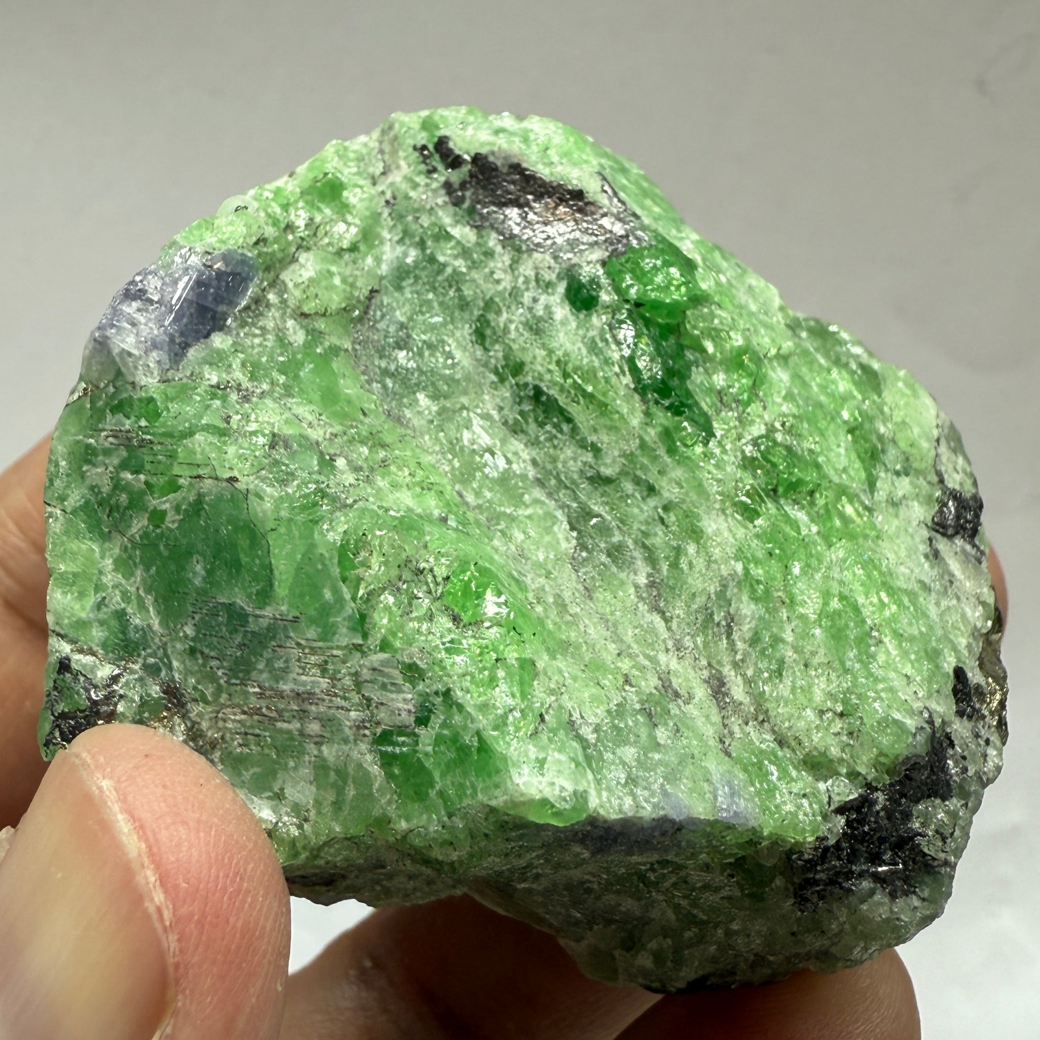 Tsavorite Garnet with Tanzanite and Pyrite, 169.50gm, Merelani Tanzania, Untreated Unheated.