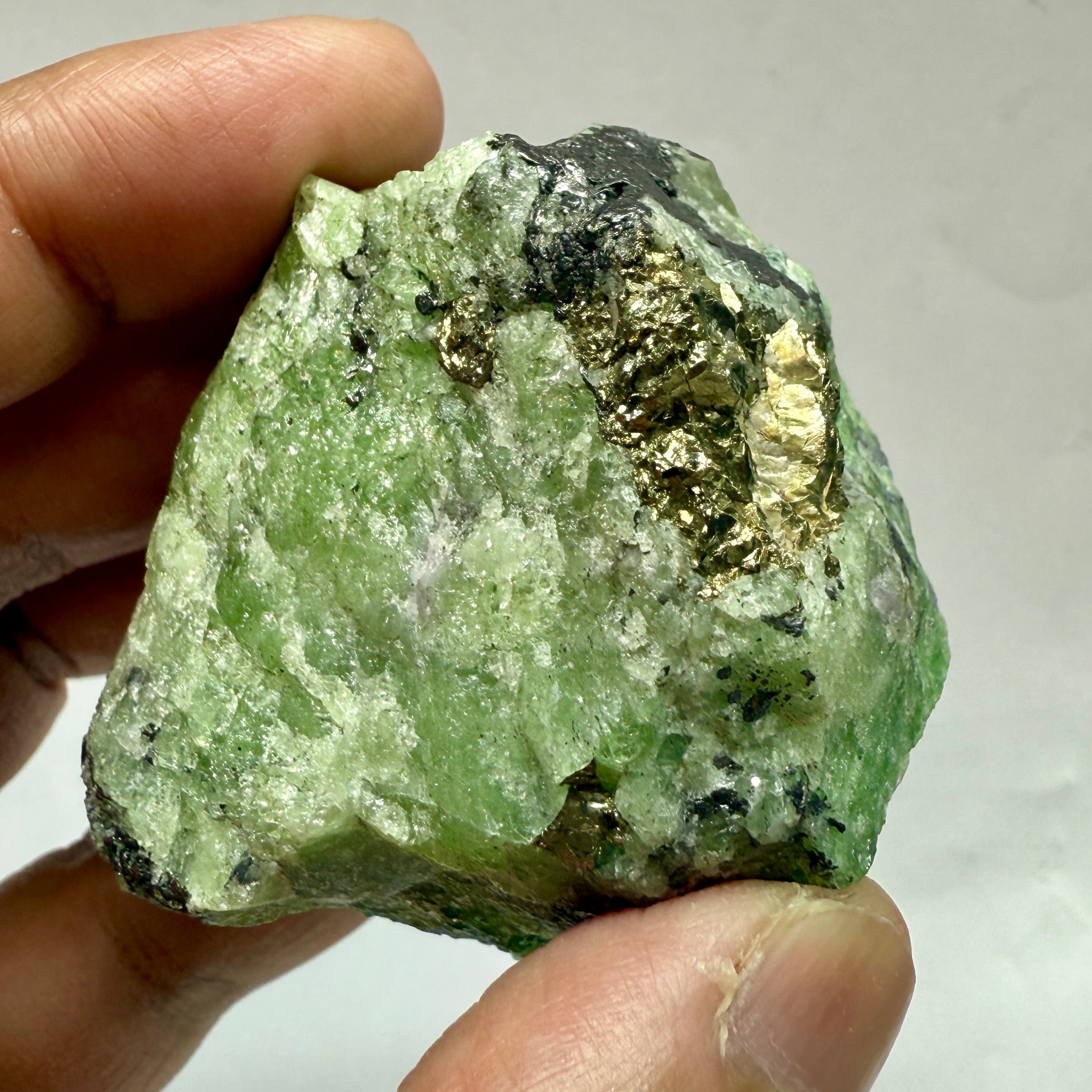 Tsavorite Garnet with Tanzanite and Pyrite, 169.50gm, Merelani Tanzania, Untreated Unheated.