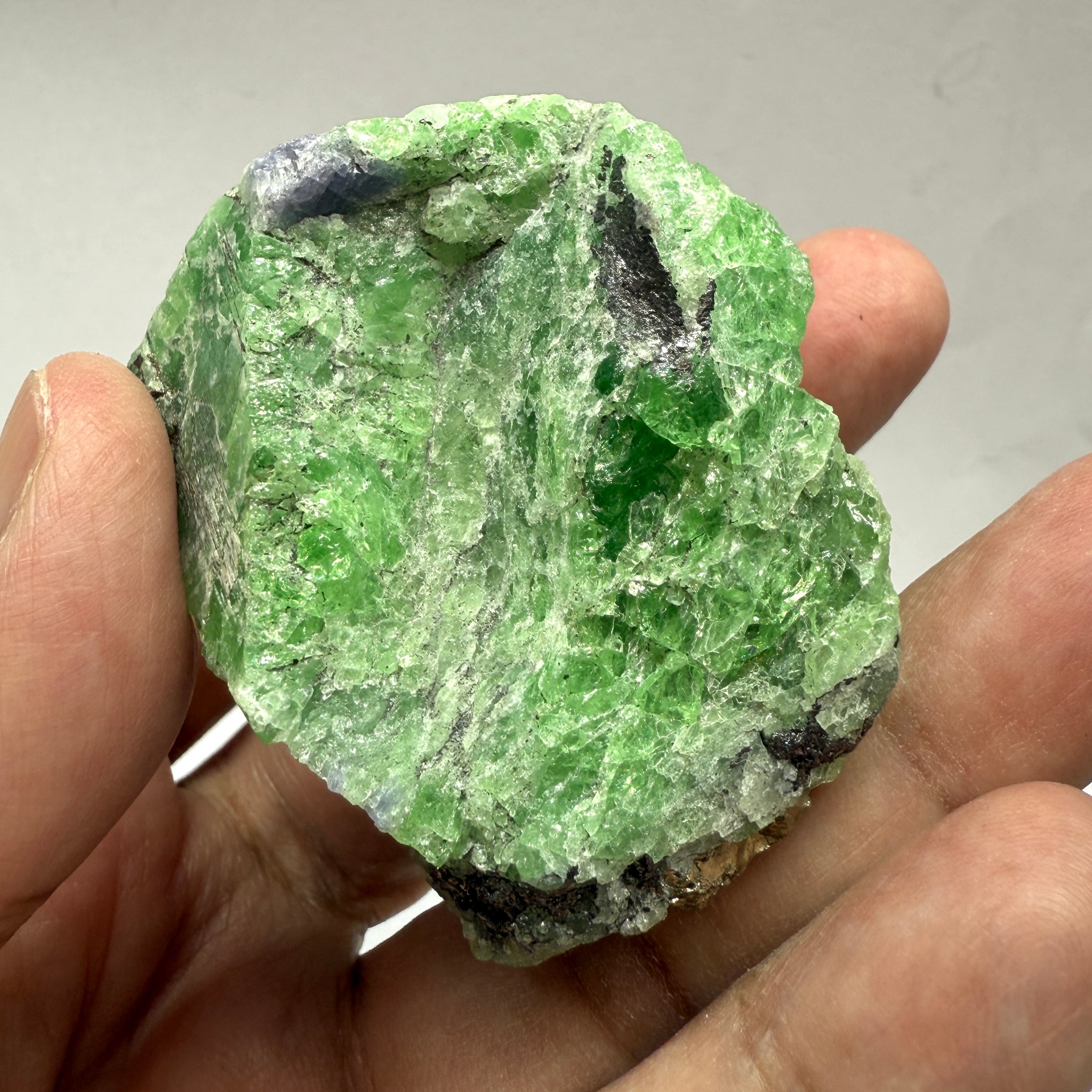 Tsavorite Garnet with Tanzanite and Pyrite, 169.50gm, Merelani Tanzania, Untreated Unheated.