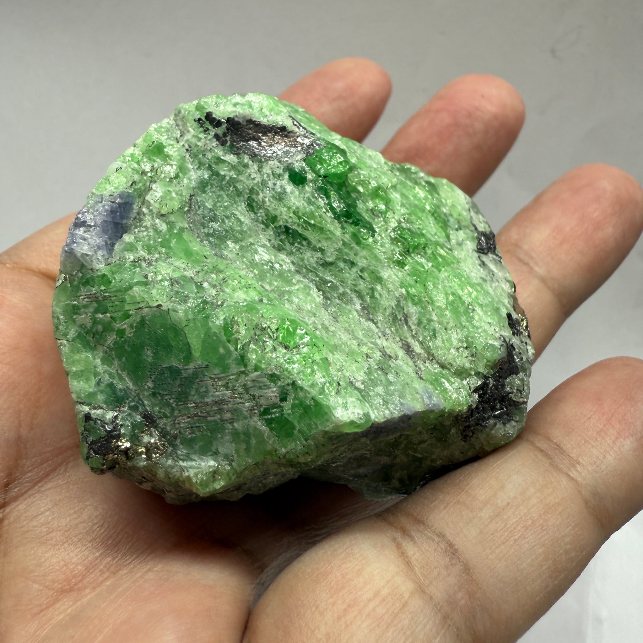 Tsavorite Garnet with Tanzanite and Pyrite, 169.50gm, Merelani Tanzania, Untreated Unheated.