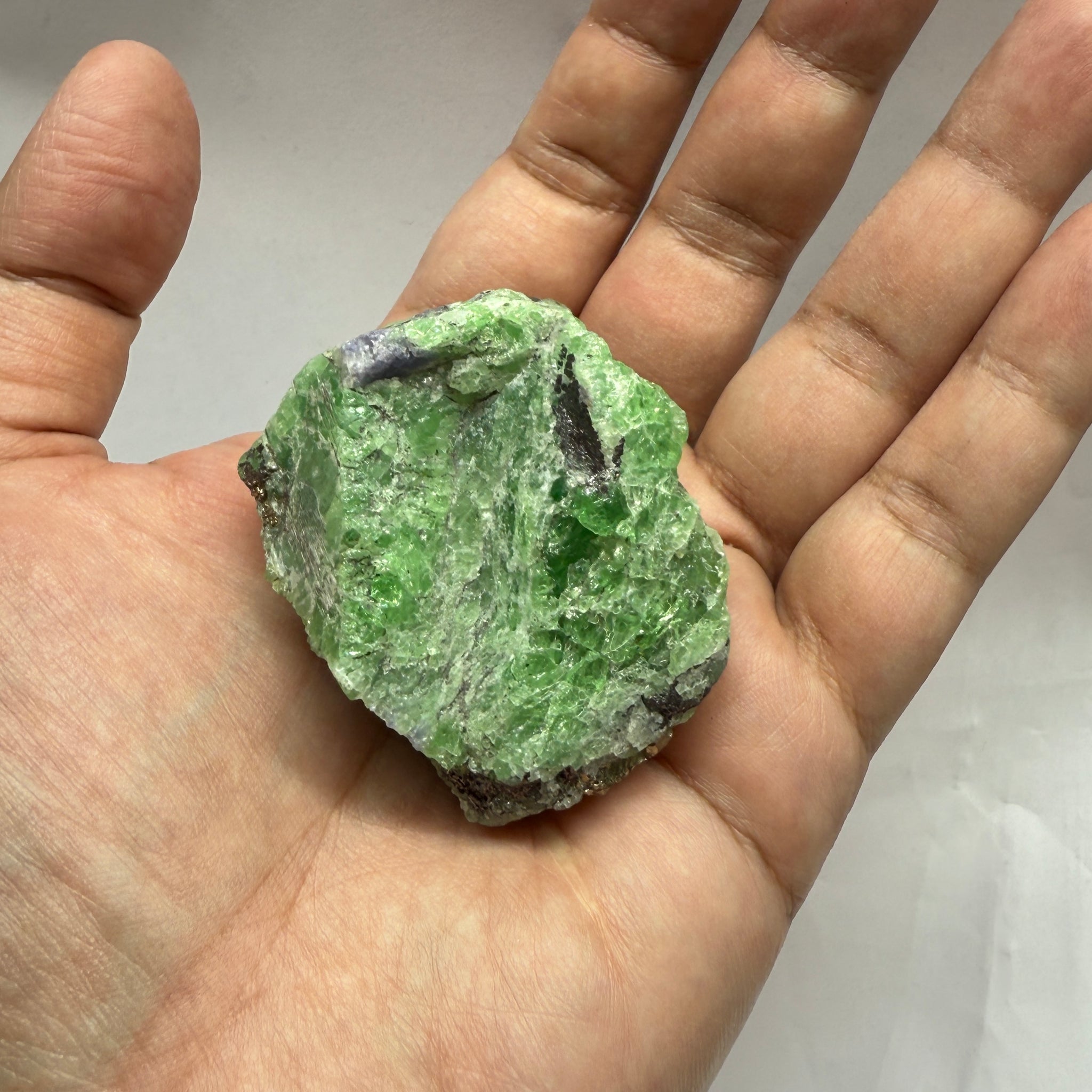 Tsavorite Garnet with Tanzanite and Pyrite, 169.50gm, Merelani Tanzania, Untreated Unheated.