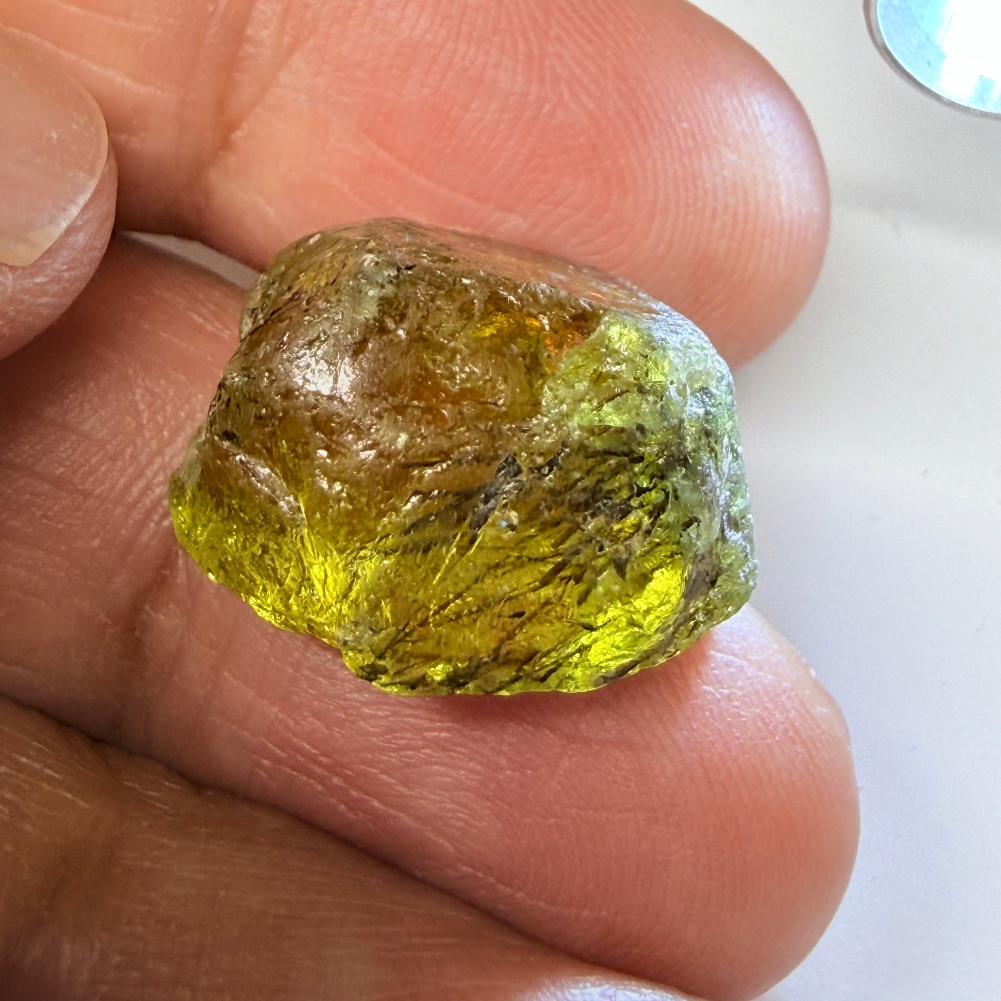 Apatite Crystal, 26.99ct, Tanzania, Untreated Unheated, has some faceting portions, see backlit photos