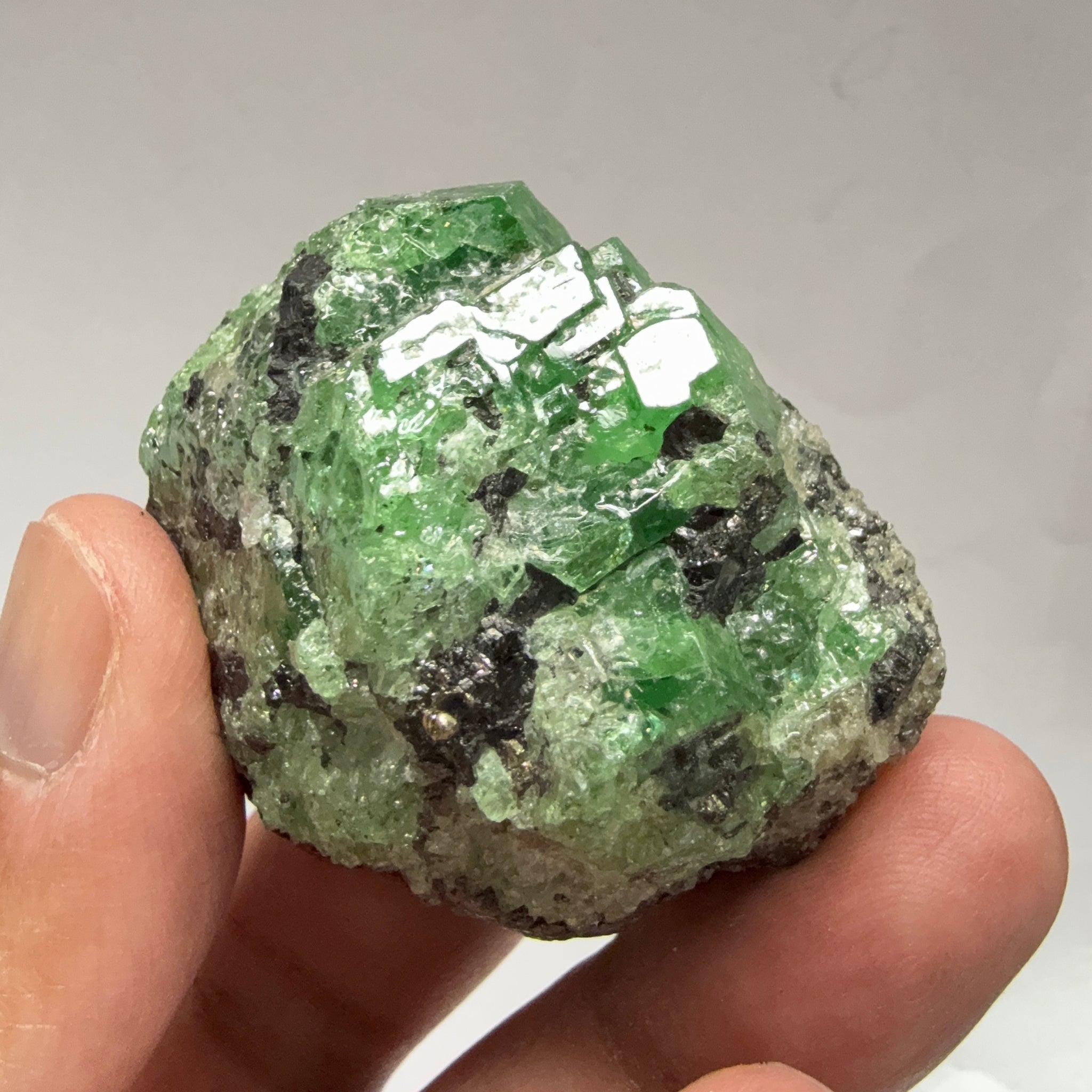 Tsavorite Garnet Crystal with Tanzanite and Pyrite, 94.0gm, Merelani Tanzania, Untreated Unheated.