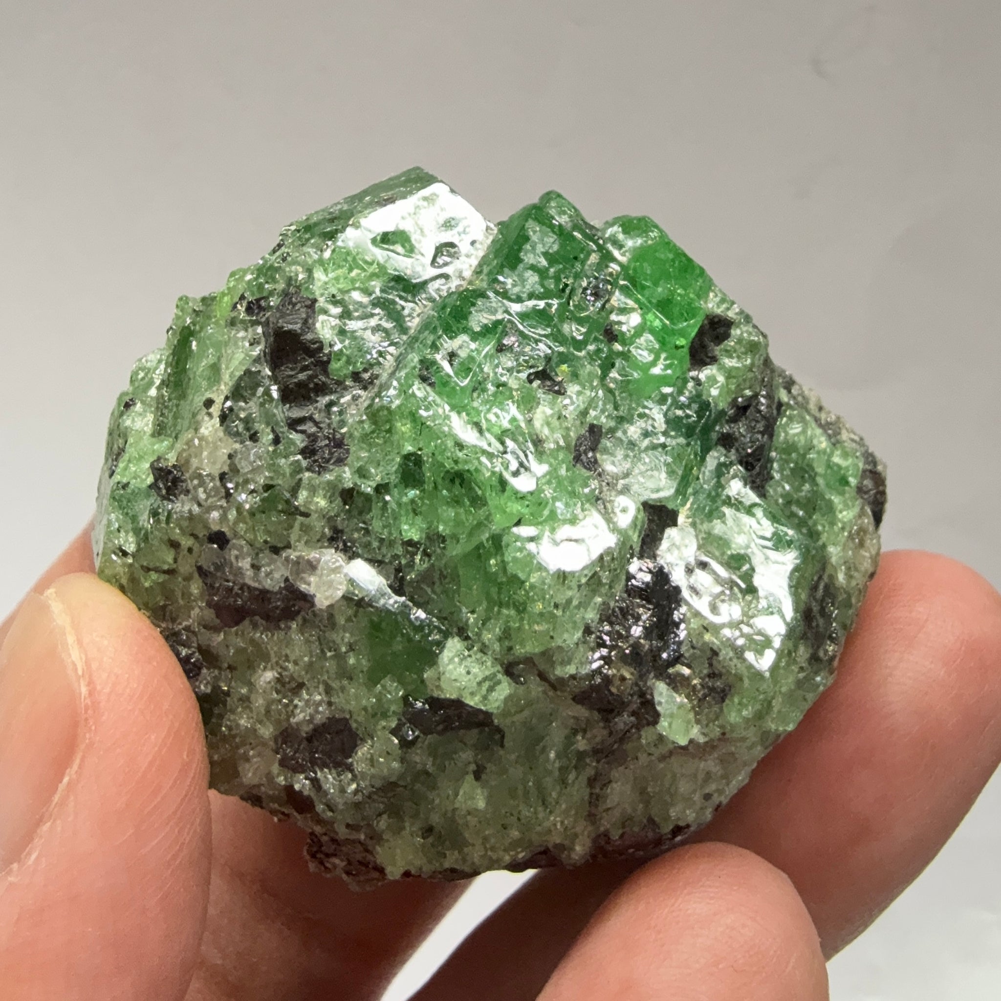 Tsavorite Garnet Crystal with Tanzanite and Pyrite, 94.0gm, Merelani Tanzania, Untreated Unheated.