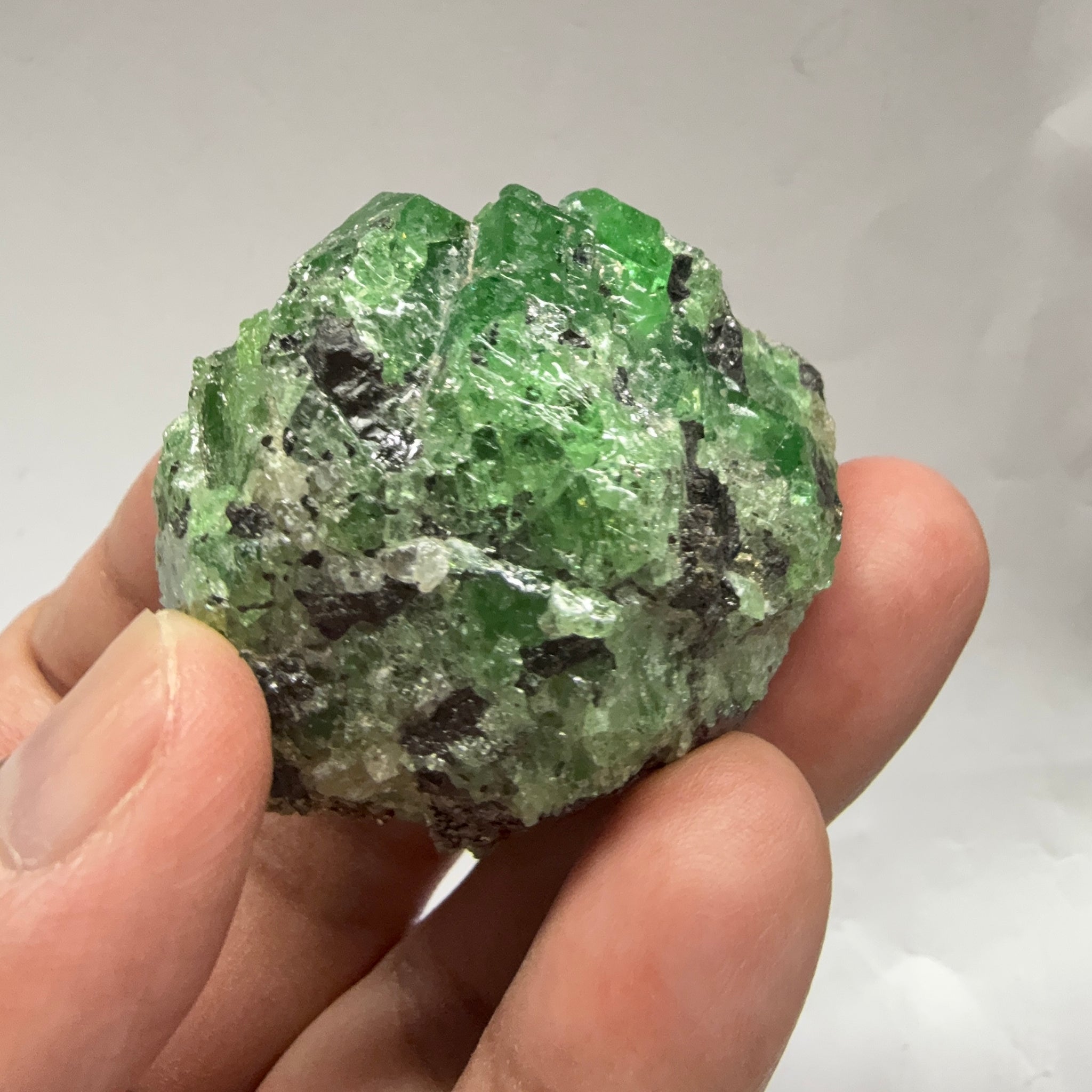 Tsavorite Garnet Crystal with Tanzanite and Pyrite, 94.0gm, Merelani Tanzania, Untreated Unheated.