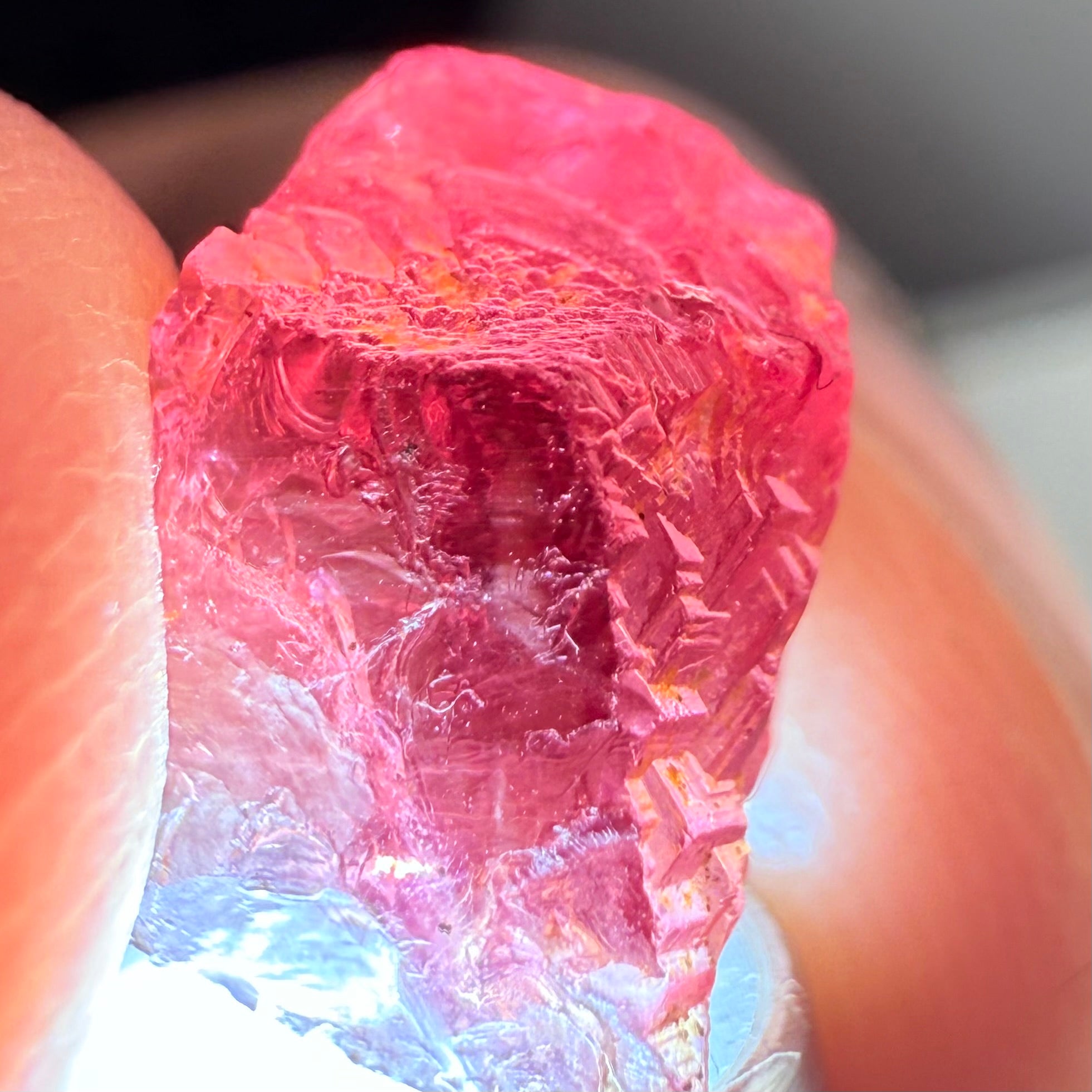 Garnet, Beautiful Etching, 5.60ct, Tanzania, Untreated Unheated, shown with a torch light underneath