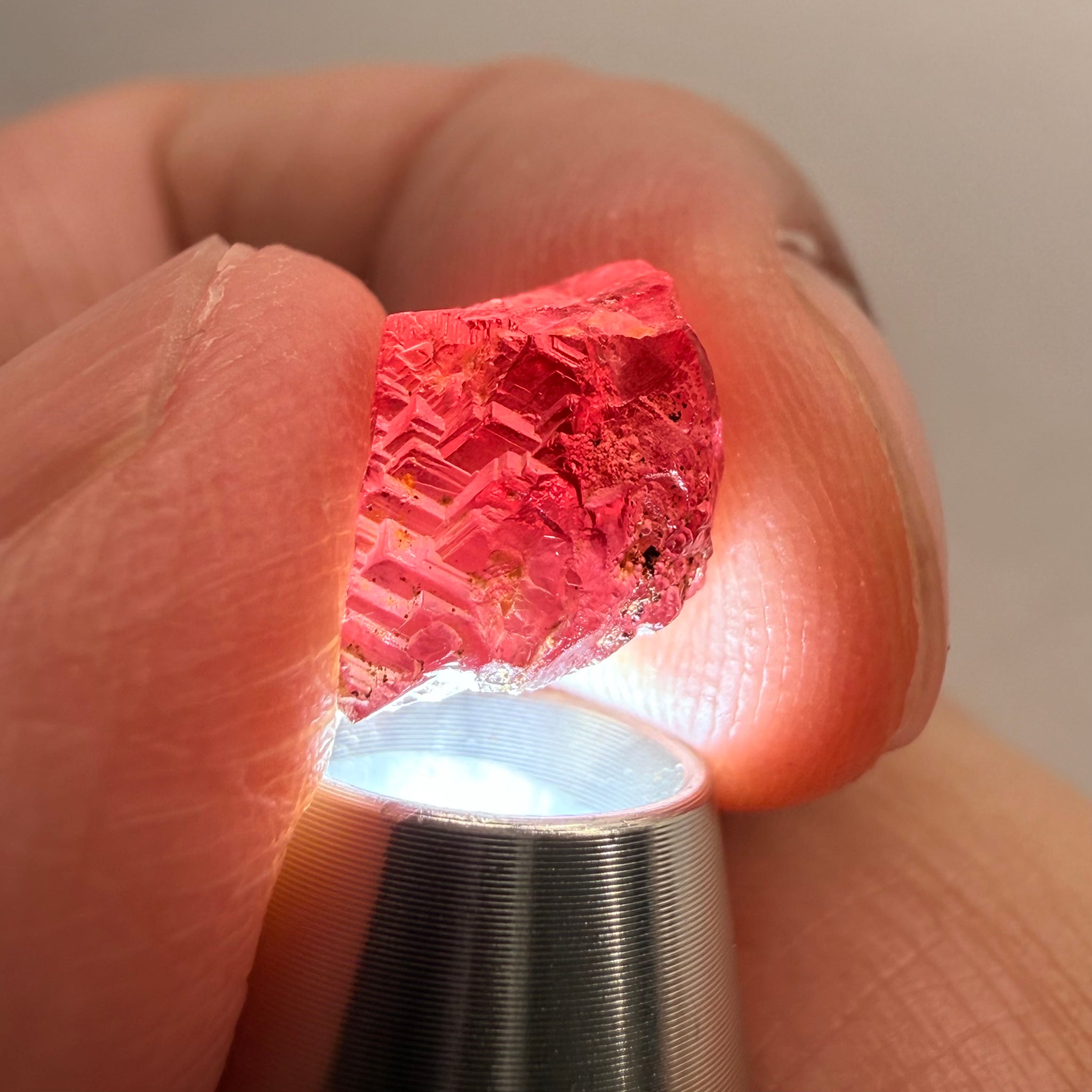 Garnet, Beautiful Etching, 5.60ct, Tanzania, Untreated Unheated, shown with a torch light underneath