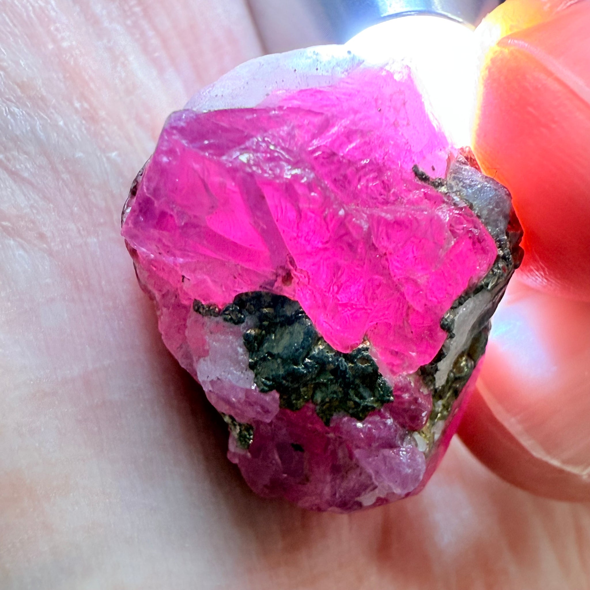 Sapphire/Ruby Crystal Specimen with Pyrite, gemmy portions inside, see backlit photos, 53.33ct, Morogoro, Tanzania, Untreated, Unheated, see all the photos as many are backlit and some are in normal room light