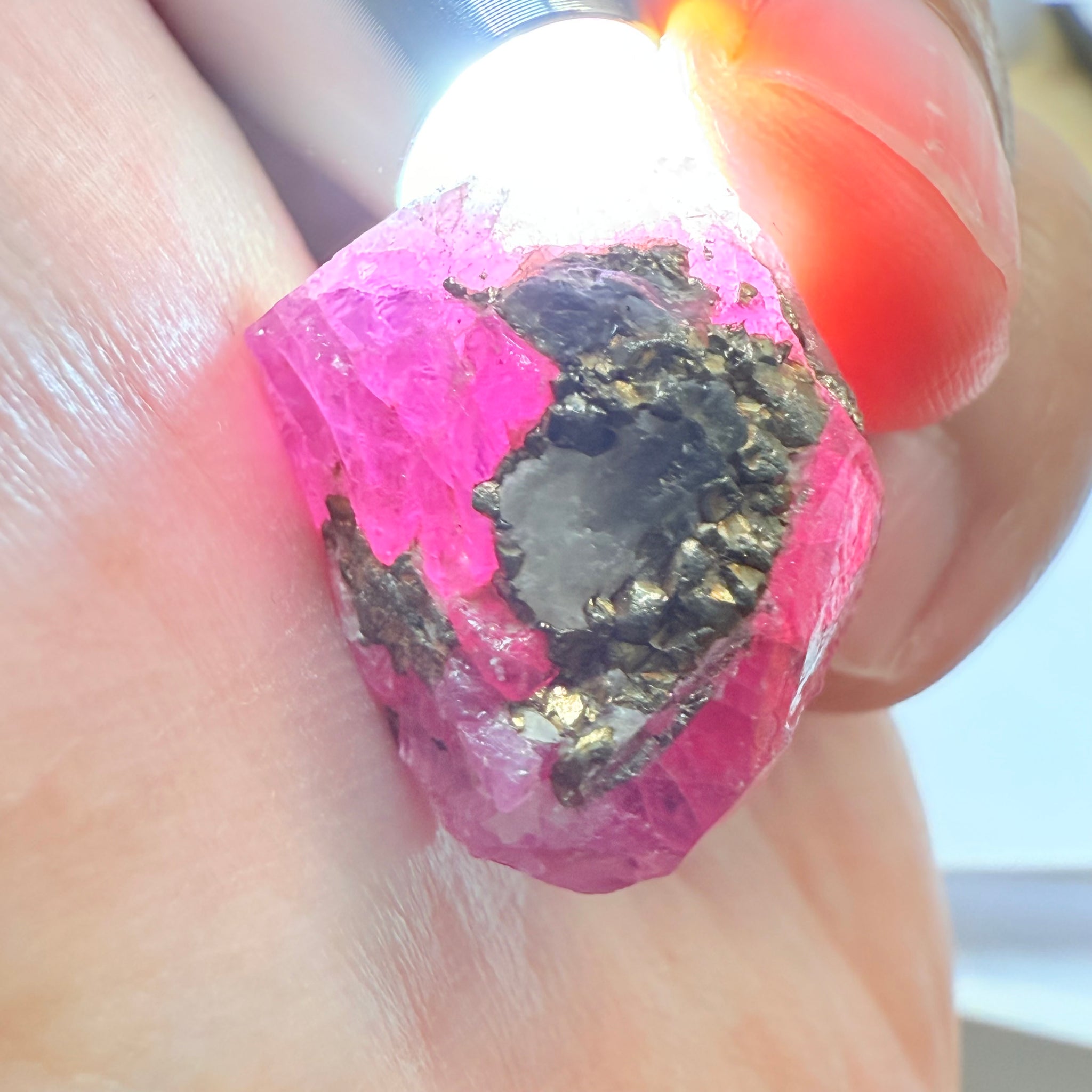 Sapphire/Ruby Crystal Specimen with Pyrite, gemmy portions inside, see backlit photos, 53.33ct, Morogoro, Tanzania, Untreated, Unheated, see all the photos as many are backlit and some are in normal room light