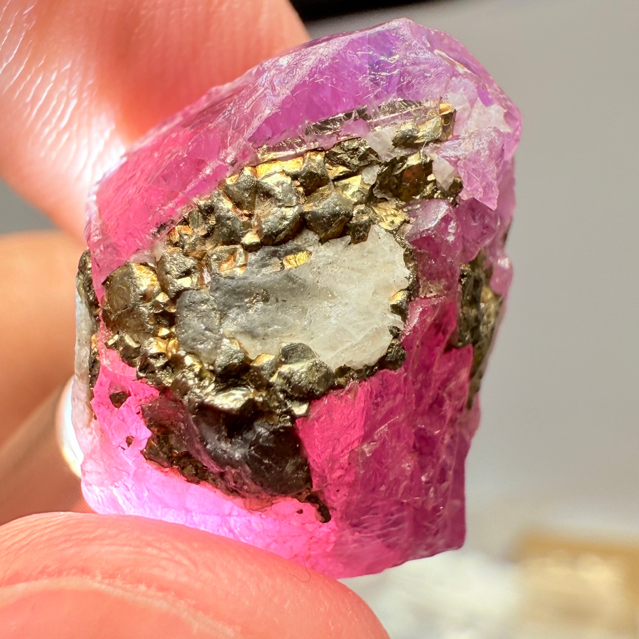 Sapphire/Ruby Crystal Specimen with Pyrite, gemmy portions inside, see backlit photos, 53.33ct, Morogoro, Tanzania, Untreated, Unheated, see all the photos as many are backlit and some are in normal room light