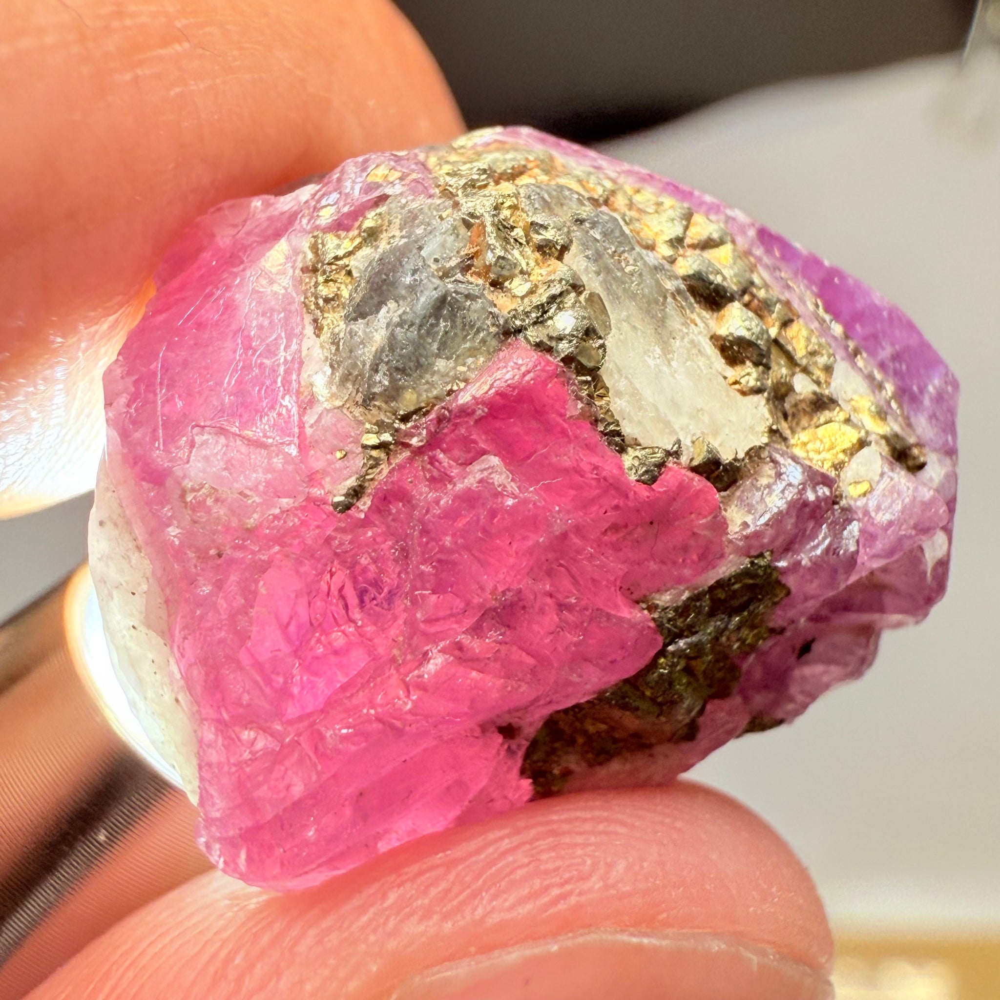 Sapphire/Ruby Crystal Specimen with Pyrite, gemmy portions inside, see backlit photos, 53.33ct, Morogoro, Tanzania, Untreated, Unheated, see all the photos as many are backlit and some are in normal room light
