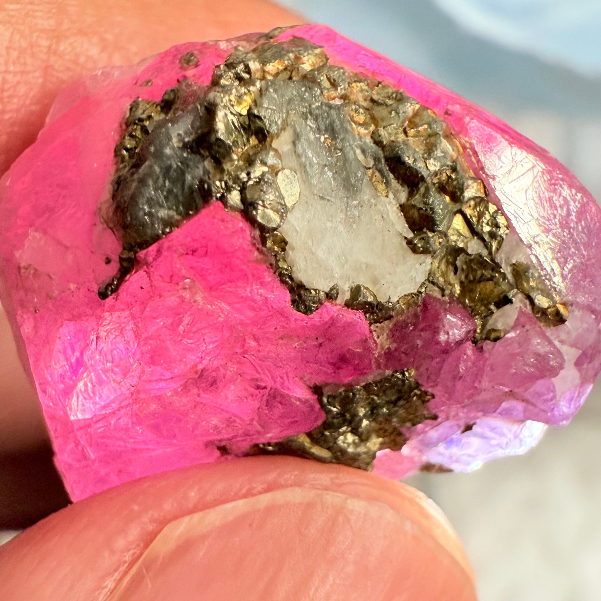 Sapphire/Ruby Crystal Specimen with Pyrite, gemmy portions inside, see backlit photos, 53.33ct, Morogoro, Tanzania, Untreated, Unheated, see all the photos as many are backlit and some are in normal room light