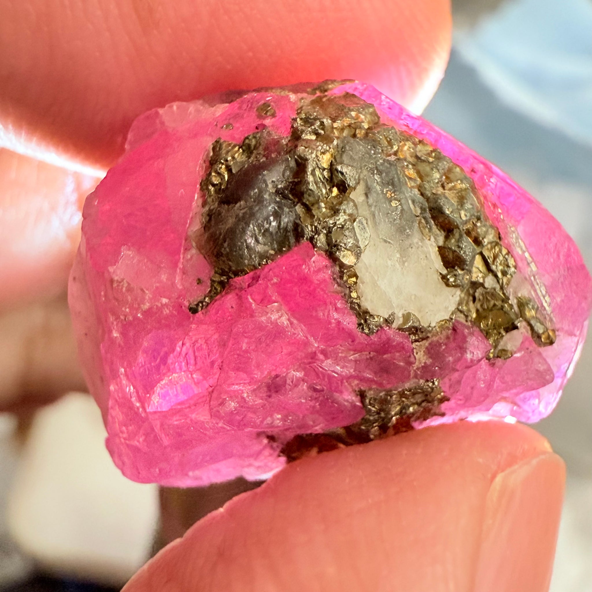 Sapphire/Ruby Crystal Specimen with Pyrite, gemmy portions inside, see backlit photos, 53.33ct, Morogoro, Tanzania, Untreated, Unheated, see all the photos as many are backlit and some are in normal room light