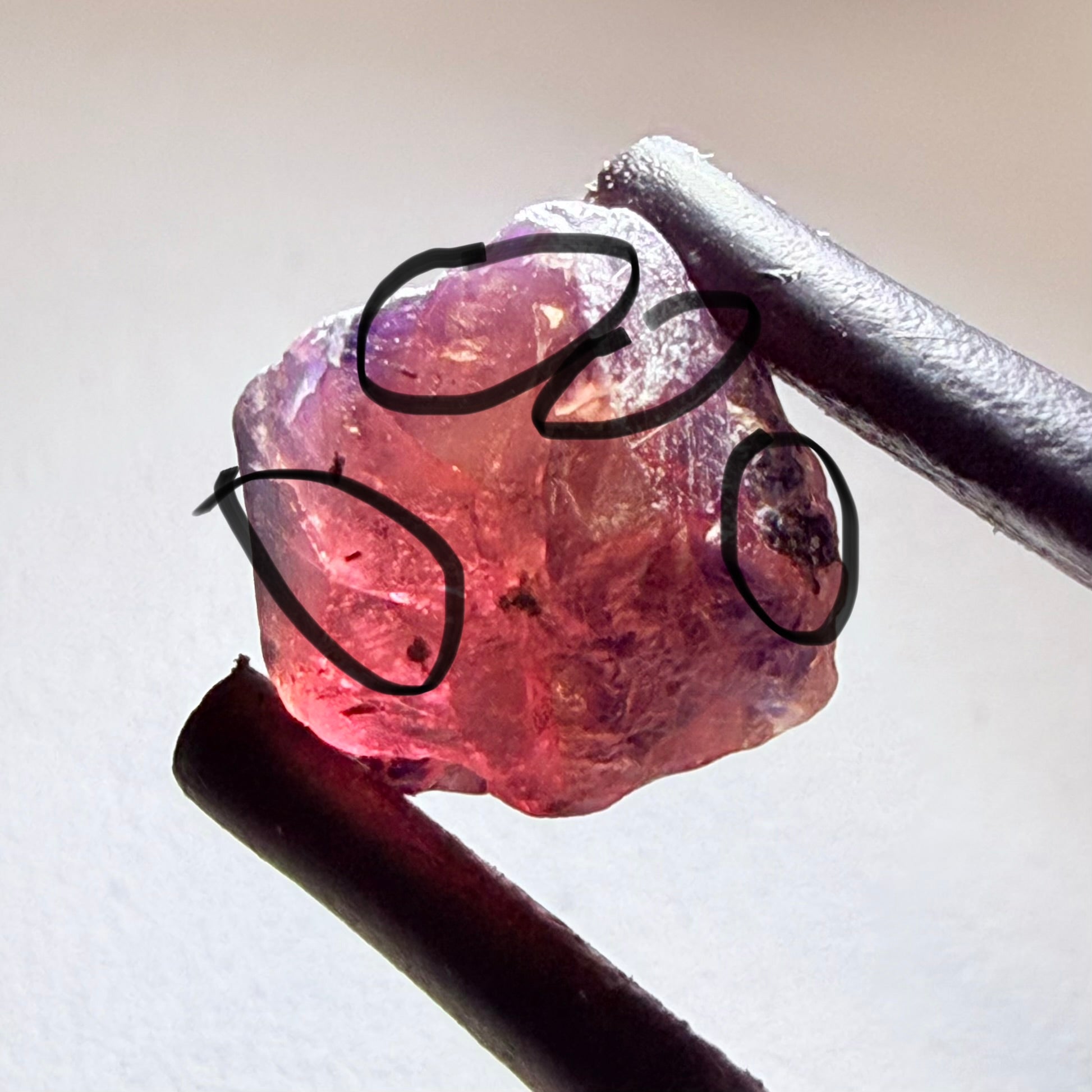 Winza Sapphire, 3.52ct, Winza, Tanzania, Untreated Unheated, cracks on the outside that will need to be removed before faceting, rest vs- vvs, see the brighter backlit pics, I have indicated crack positions