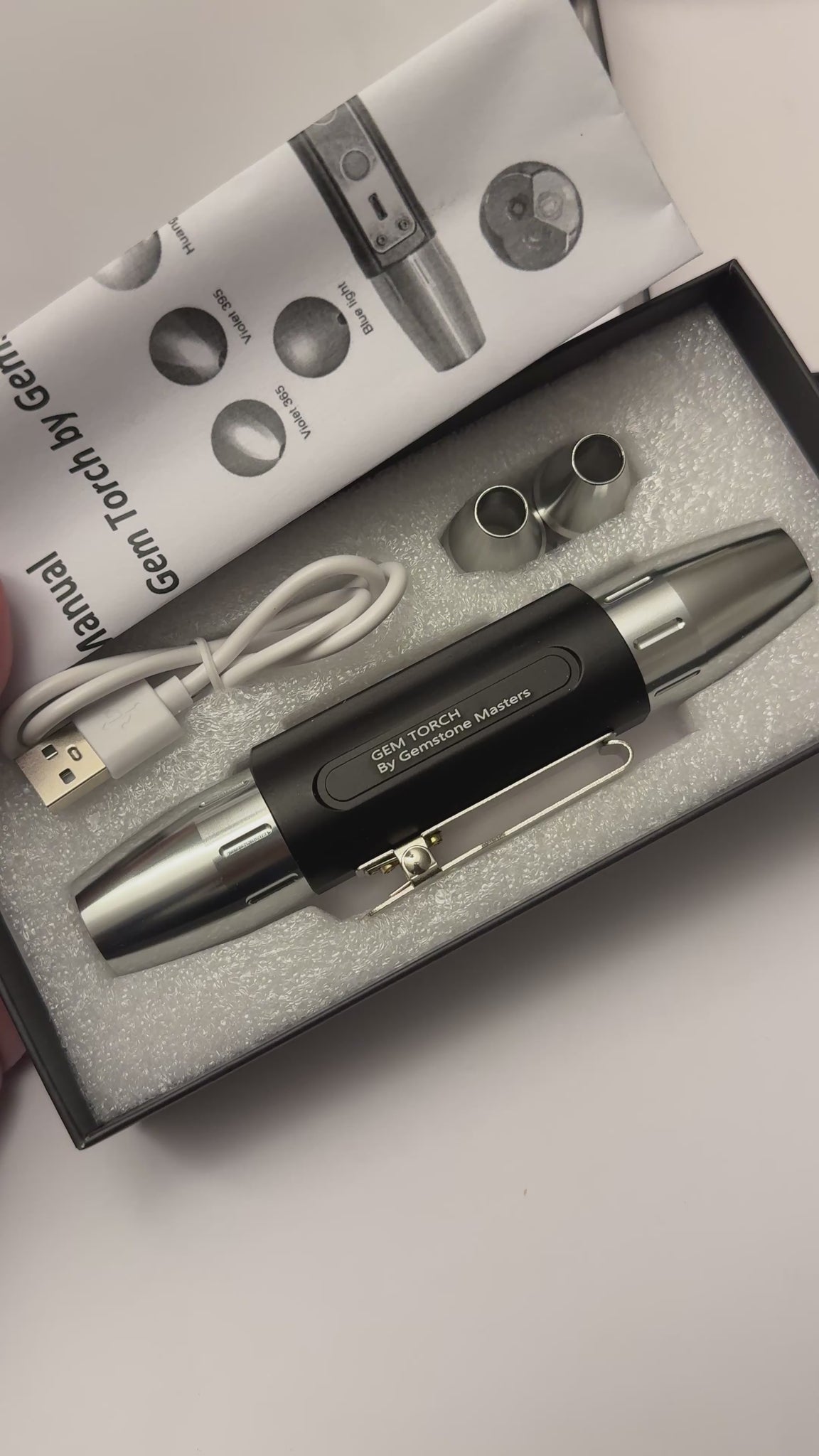 Gem Torch by Gemstone Masters, 6 function gem torch, strong power UV 365nm and 395nm, belt clip and 2 light focusing cones, 98% cri white bulb, 2-year warranty (excluding damage or wear and tear), we are the agents for this. Ships worldwide