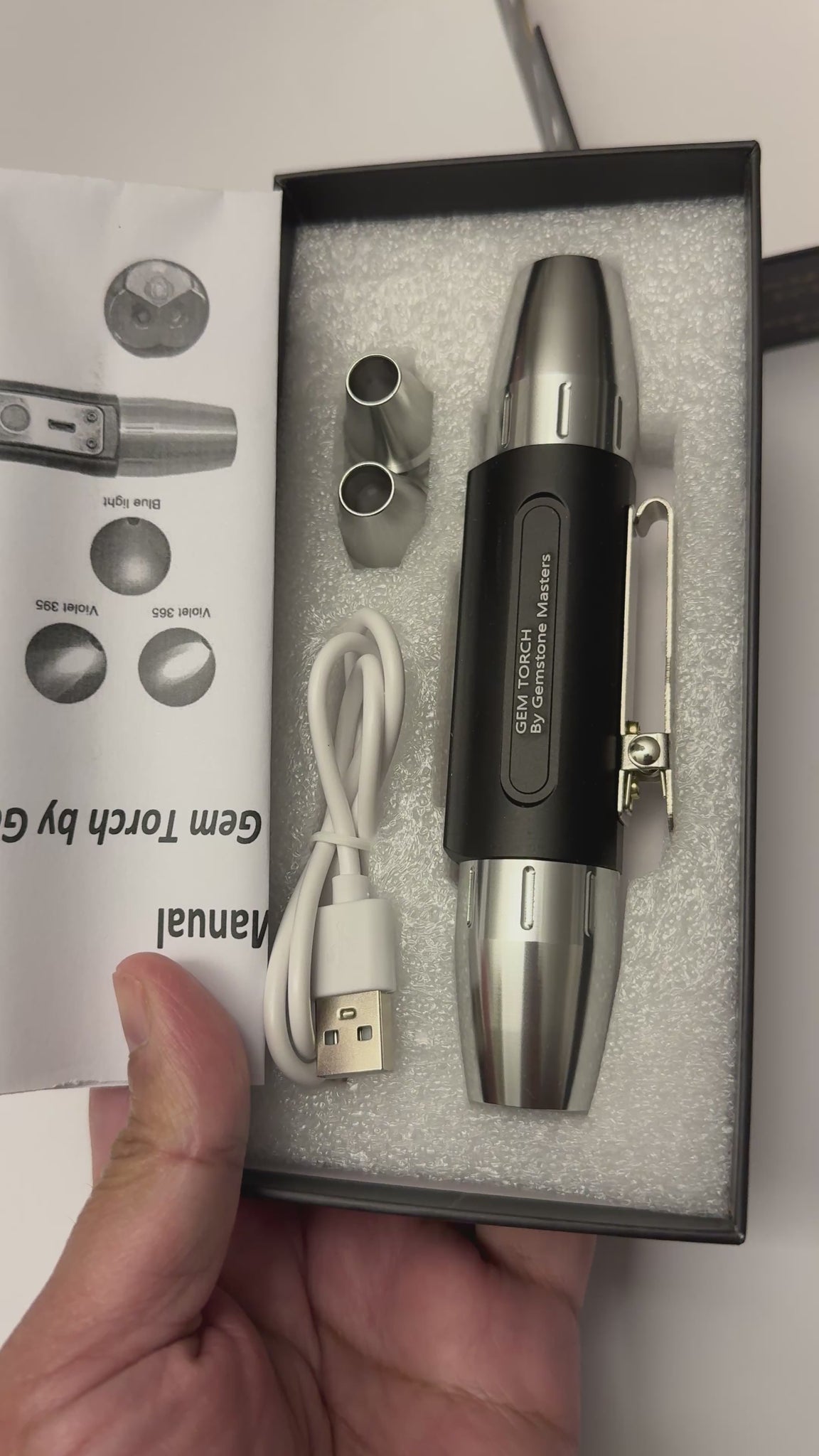 Gem Torch by Gemstone Masters, 6 function gem torch, strong power UV 365nm and 395nm, belt clip and 2 light focusing cones, 98% cri white bulb, 2-year warranty (excluding damage or wear and tear), we are the agents for this. Ships worldwide