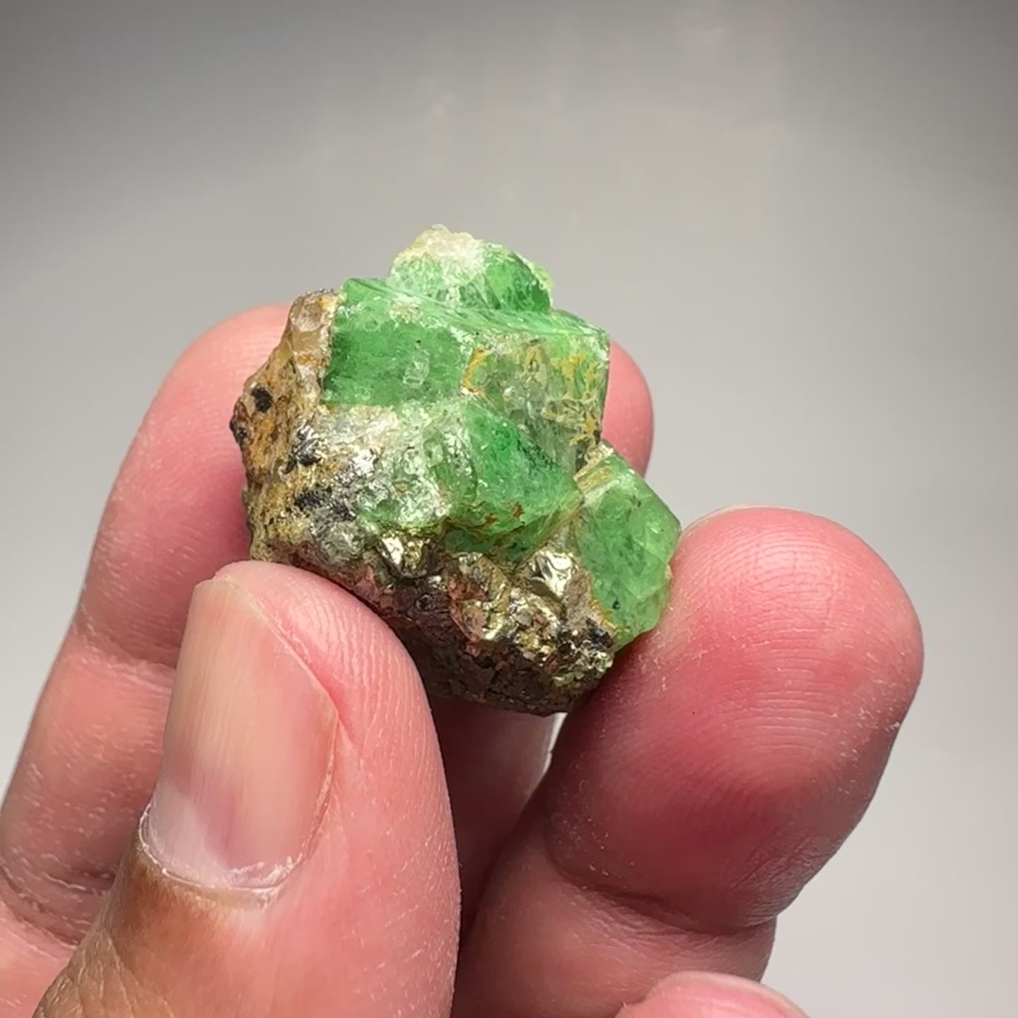 Tsavorite Crystal With Tanzanite And Pyrite on Matrix, 24.50gm / 122.50ct, Merelani, Tanzania. 28 x 22 x 21mm